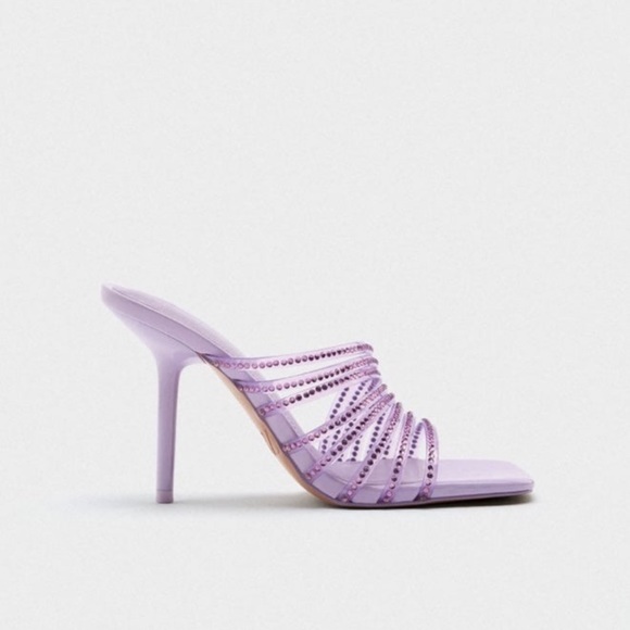Zara Purple Vinyl Square Toe Rhinestone Mules Slides Heels 37(6.5) - Picture 3 of 7